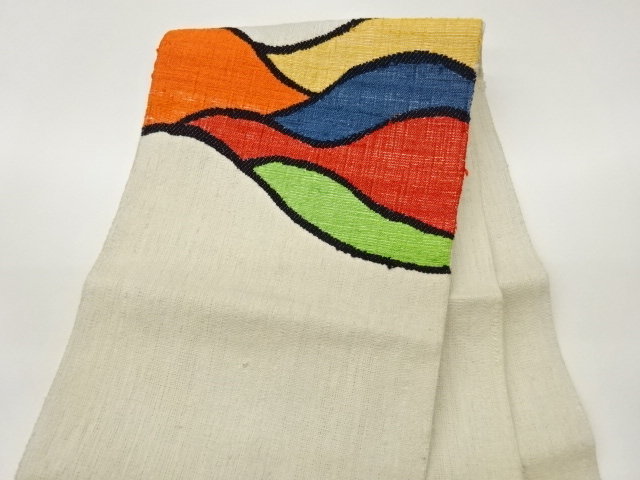  手織り真綿紬抽象模様織出し名古屋帯